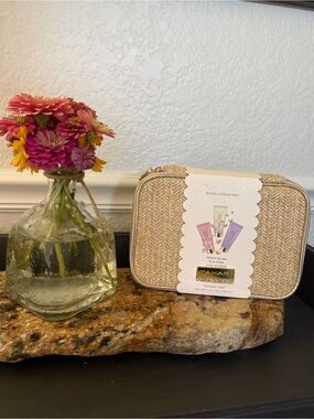 Tahari Gold Woven Cosmetic Pouch with Hand Lotions Peony Rose & Lilac Travel Set